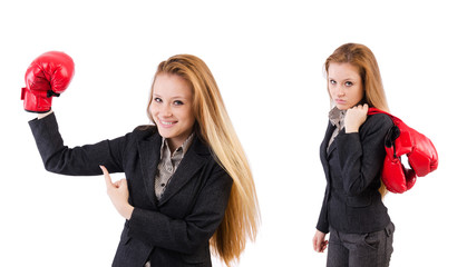 Woman businesswoman with boxing gloves on white