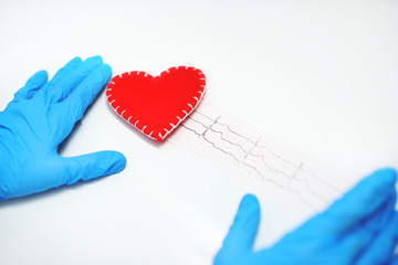 the doctor's hands in blue rubber gloves against a red heart and a paper cardiogram. The concept of...