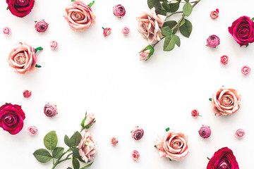 Pink flowers on white background, flat lay, top view