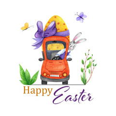 Cute easter bunny drives the red car. Hand drawn watercolor illustration.