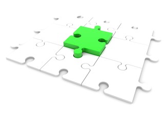 The green puzzle piece in the center between the white puzzle pieces