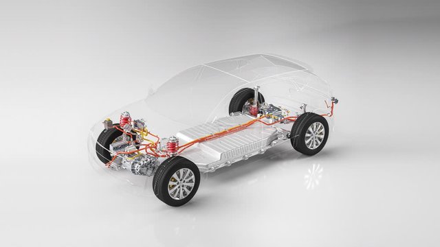 Modern electric car chassis x-ray vehicle battery in studio environment line art with call out features 3d animation