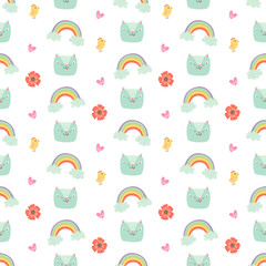 unique vector easter seamless pattern with cute clipart: cat, rainbow, chicken, poppy flower, heart. cartoon easter repeating tile with spring clip art for fabric, wrapping paper, nursery wallpaper.