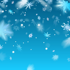 Fototapeta na wymiar Snowflakes falling flying on blue background.