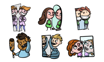 Smiling children looking at mirrors at reflections vector illustration