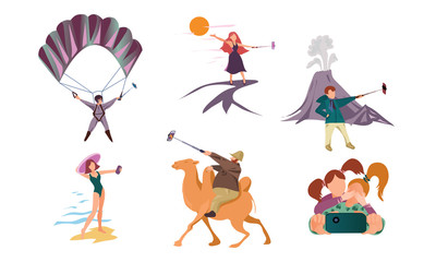People making selfie on smartphones during summer activities vector illustration