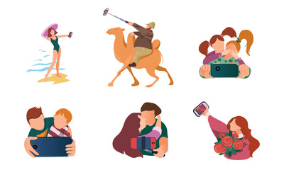 People making selfie on smartphones in different situations vector illustration