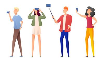 Young women and men making selfie on smartphones vector illustration