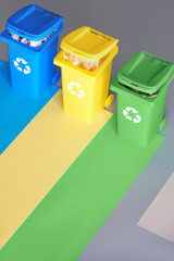 Three color coded recycle bins, isometric picture on geometric layered paper background. Recycling...