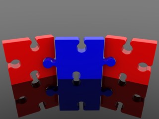 Blue puzzle piece between two red puzzle pieces on white background