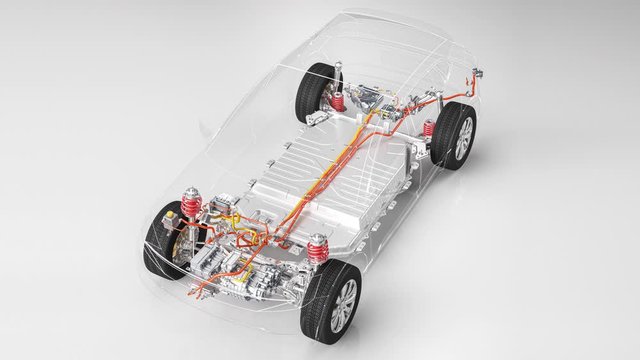 electric car chassis x-ray vehicle battery in studio environment line art with call out features 3d animation