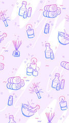 Spa therapy cover in line style on purple background for wellness salon. Relax massage vector drawing wallpaper. Body health nature backdrop. Organic Beauty skincare Social media design texture