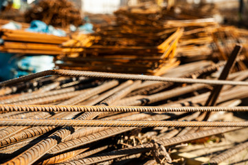 Stack of steel rods on the construction site