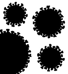 Hand drawn detailed coronavirus black silhouette set isolated on white background. Different size from big to small. Vector illustration.