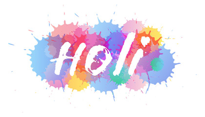 Indian Holi hand drawn lettering, Vector watercolor splash composition. Colorful happy holiday trendy gradients. Website background template, bright abstract modern design.