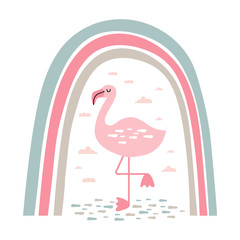 Cute cartoon with pink flamingo under rainbow print