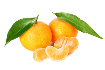 mandarin with slices and green leaf isolated on white background