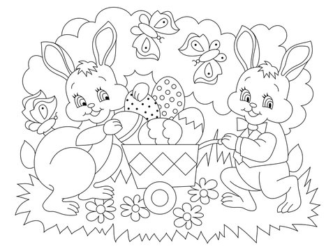 Black and white page for baby coloring book. Illustration of cute rabbits bringing Easter eggs. Printable template for kids. Worksheet for children and adults. Hand-drawn vector image.