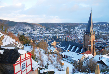 Marburg, Germany, view from the castel to the snow covered town