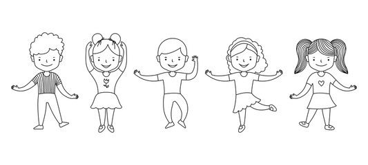 Cute cartoon group of active children girls and boys dancing. Happy funny kids. Big set of vector clipart. Black line on white background. Vector illustration for coloring book