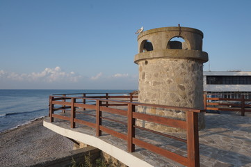 Bulgaria, Nessebar early in the morning at dawn, an ancient city on the Black Sea coast of Bulgaria. Old stone tower.