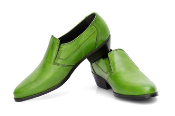 Male green leather shoes on white background, isolated product.