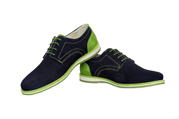 Male blue and green leather shoes on white background, isolated product.