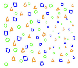 circles, triangles, squares, Children's drawings, kids pattern, Orange, blue, green, simple pattern