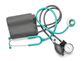 Stethoscope with sphygmomanometer on white background