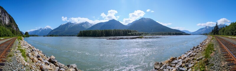 Beautiful day: Wonderful panoramic view of Skeena River in British Columbia / Canada