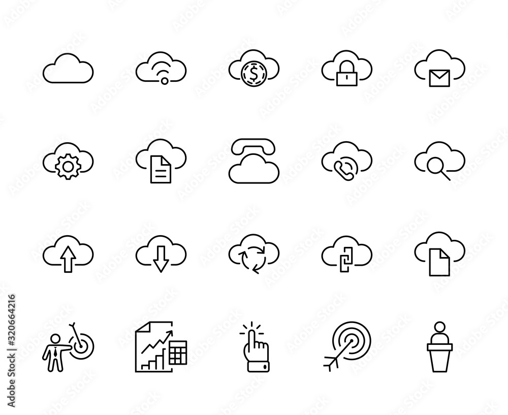 Poster set of cloud vector line icon. it contains symbols to upload, download, link and more. editable stro