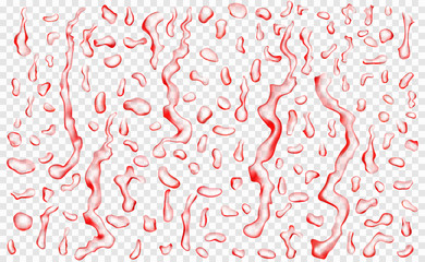 Set of translucent drops and streaks of water in red colors in various shapes, isolated on transparent background. Transparency only in vector format