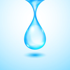 One big realistic translucent water drop in blue colors with shadow