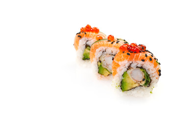 traditional japanese food sushi. tempura sushi maki with shrimp and avocado isolated on white background