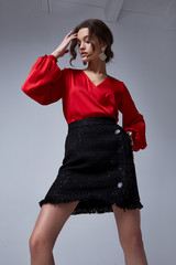 Beautiful woman business style collection party fashion clothes blouse skirt belt casual luxury...