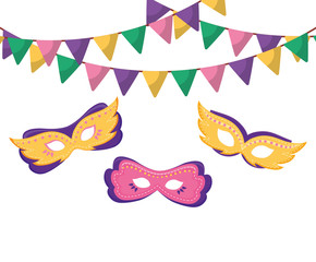 Isolated mardi gras masks and banner pennant vector design