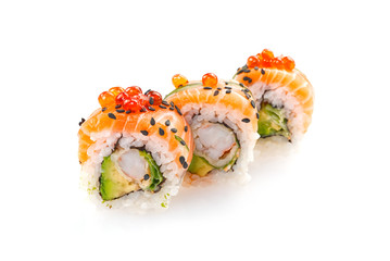 traditional japanese food sushi. tempura sushi maki with shrimp and avocado isolated on white background