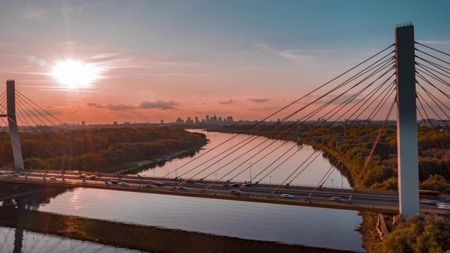 The drone rises above the Siekierkowski Bridge in Warsaw.