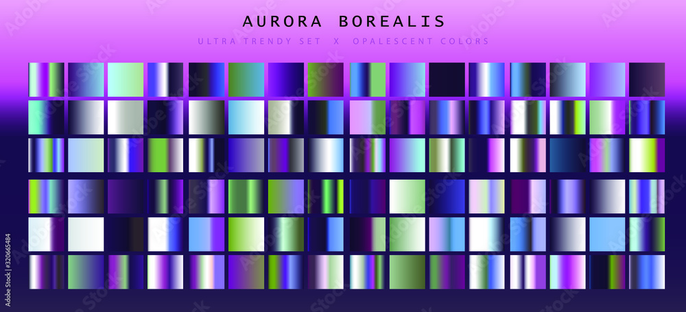 Poster Set of trendy chromatic gradient swatches. Holographic gradient collection for web design and art.