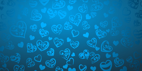 Background of big and small hearts with ornament of curls, in light blue colors