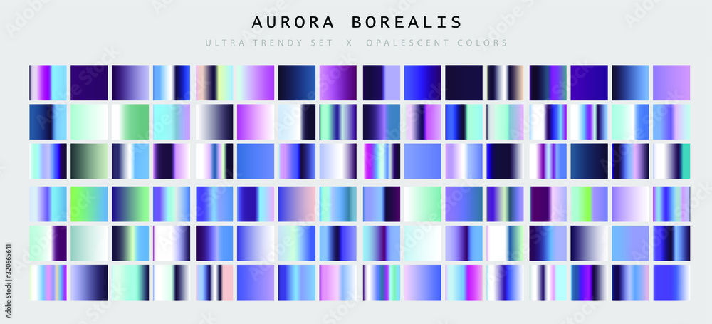 Poster set of trendy chromatic gradient swatches. holographic gradient collection for web design and art.