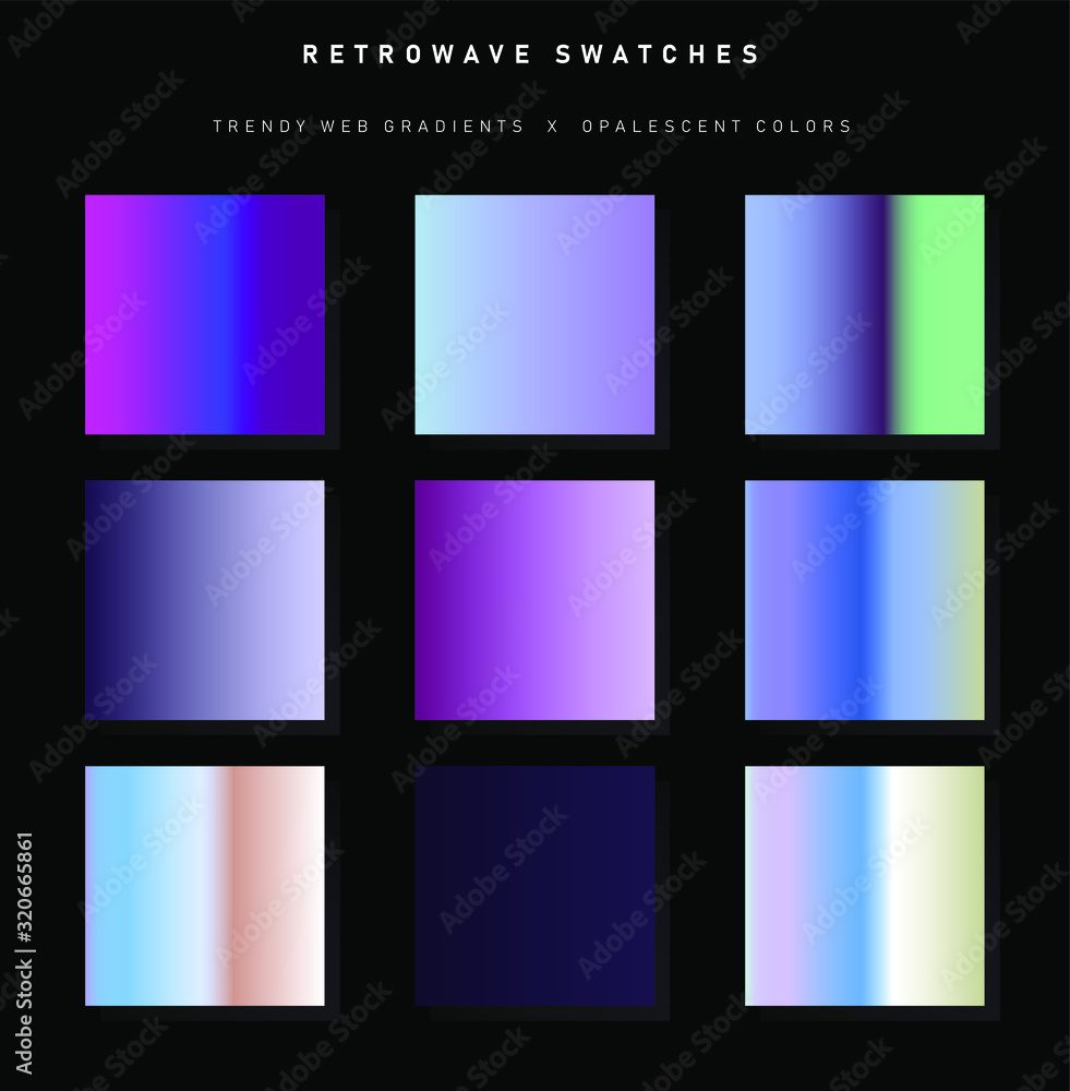 Poster Set of trendy chromatic gradient swatches. Holographic gradient collection for web design and art.