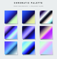 Set of trendy chromatic gradient swatches. Holographic gradient collection for web design and art.