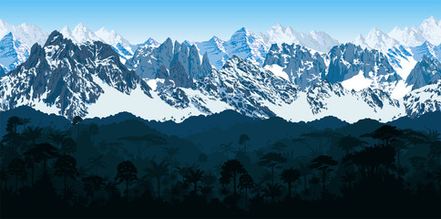 vector seamless Andes mountains with  rainforest Jungle forest background	 - obrazy, fototapety, plakaty