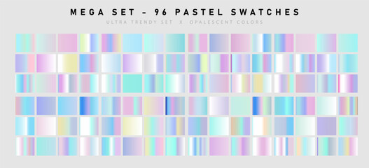 Set of trendy pastel swatches. Holographic gradient collection for web design and art.