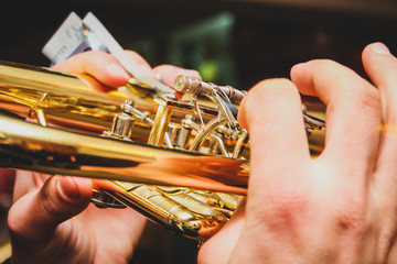 Detail of hands of a man playing on the trumpet while holding a euro note money bill. Concept of...