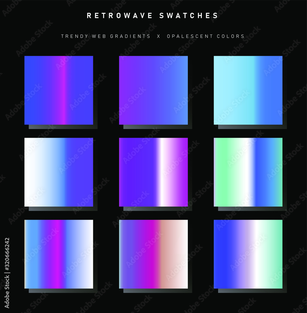 Poster Set of trendy synthwave gradient swatches. Holographic gradient collection for web design and art.