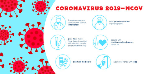 Fototapeta na wymiar vector banner with information and infographics about the Chinese coronovirus 2019-ncov. flat illustration of the virus and icons about measures to prevent infection with the virus.