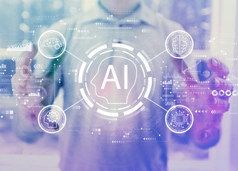 AI concept with young man holding his hands