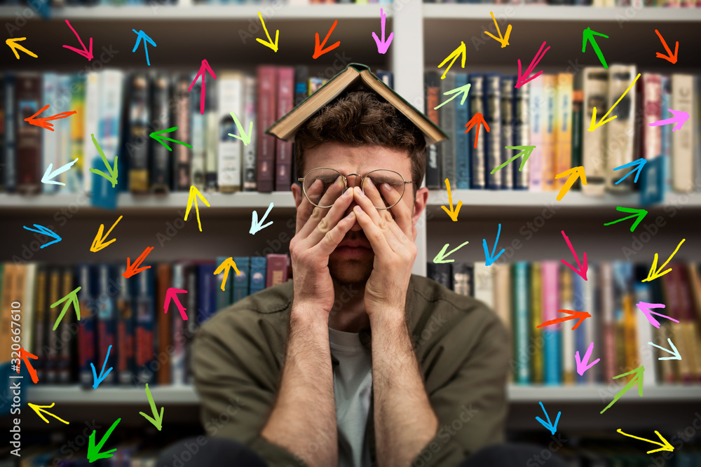 Poster tired university student has difficulty to study. full of arrows and way to follow. concept of stres